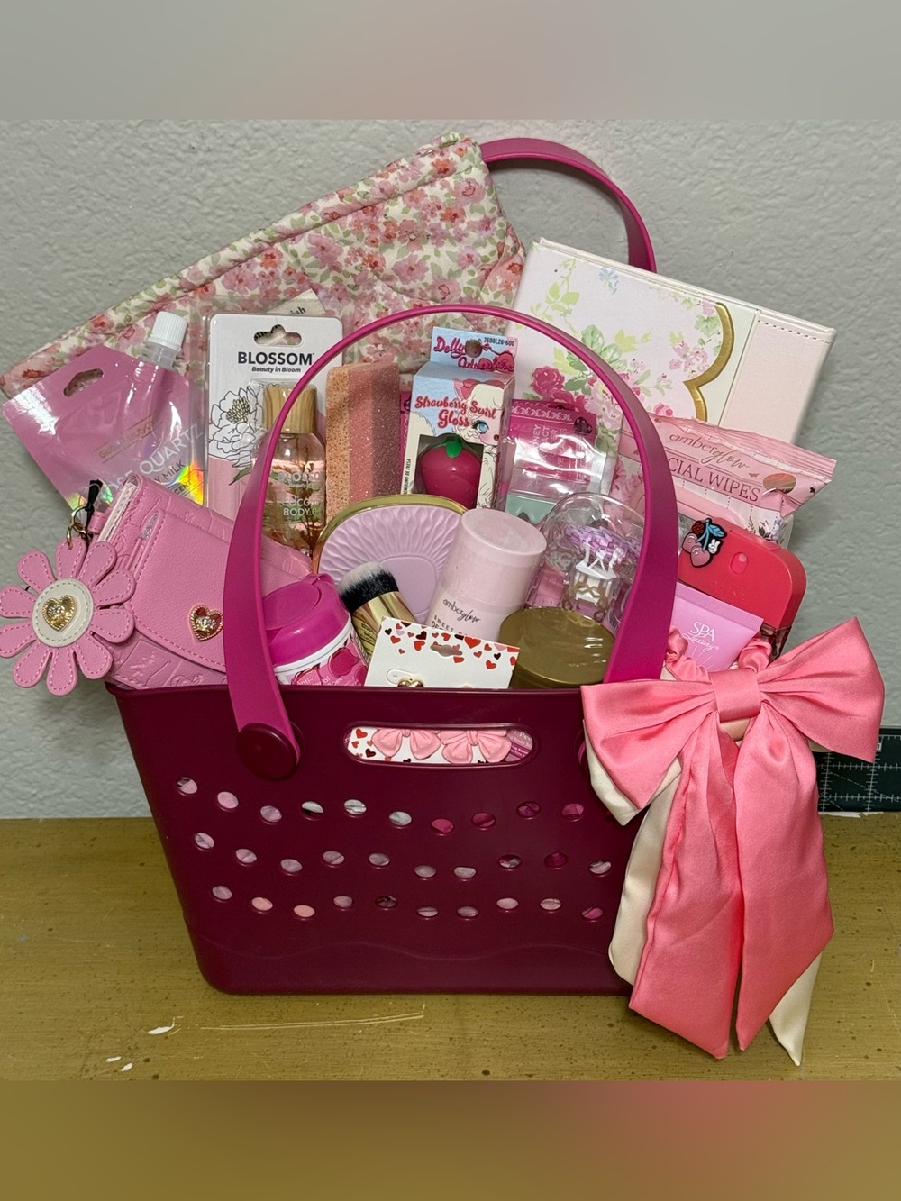 Pink Tote Basket Gift Set with Assorted Pink Accessories